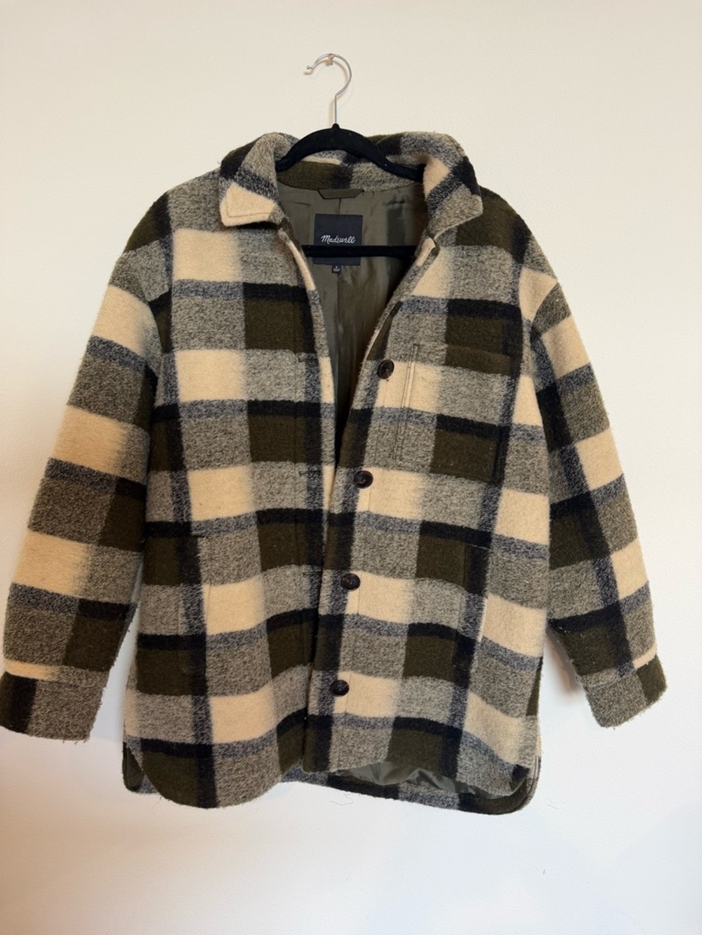 Madewell Plaid Oversized Shirt Jacket in Olive, Cream & Gray
